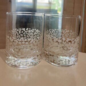 RARE Neiman Marcus Clear Etched Safari Leopard Double Old Fashion Glass Set of 2
